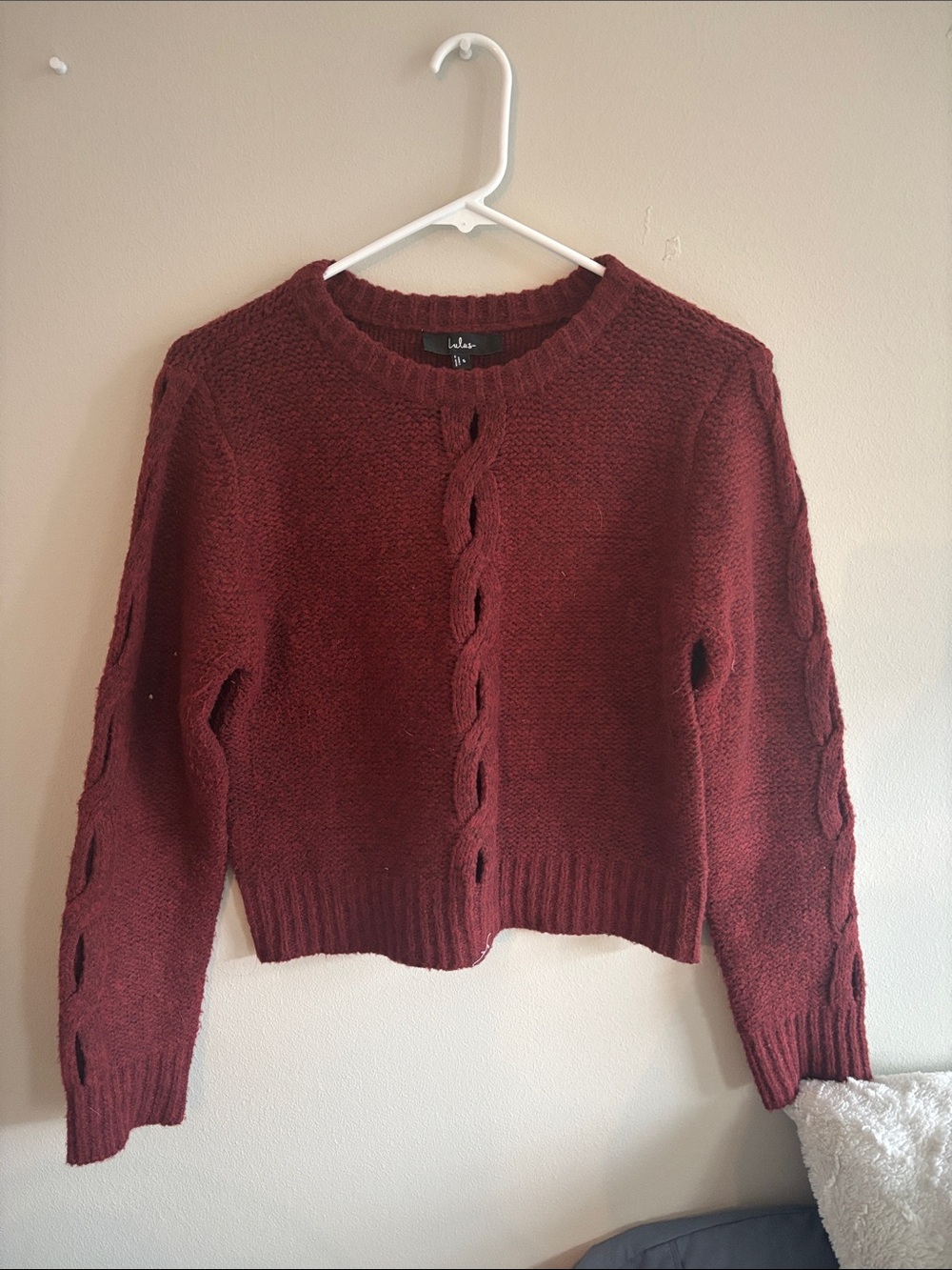 Lulu's Maroon Cable-Knit Crewneck Sweater